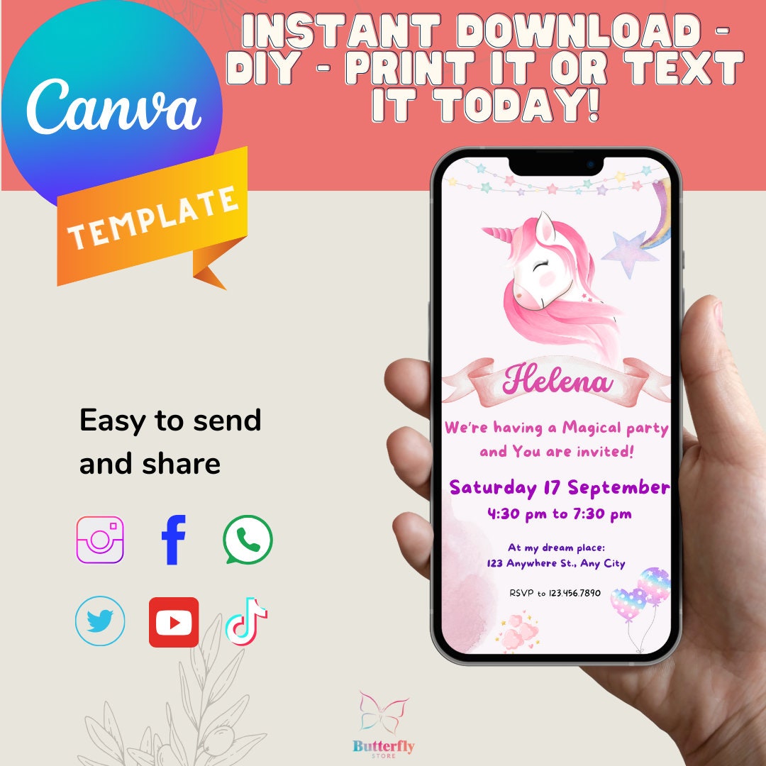 Editable Digital Mobile Unicorn Birthday Invitation / Magical Unicorn ...