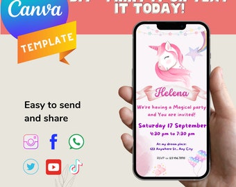 Invitación de cumpleaños de unicornio móvil digital editable / Invitación de cumpleaños de unicornio mágico Chica Canva imprimible Descargar / Fiesta