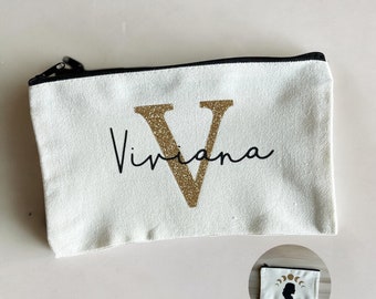 Idea de regalo de bolsa personalizada para el Día de la Madre - Estuche de belleza de viaje para mujer con nombre - Nombre de la bolsa de maquillaje de fases lunares + inicial