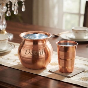 Puede incluir: Una olla de cobre pulido con cuerpo redondeado y borde ancho, con el nombre David grabado en el lateral. A su lado hay un vaso cilíndrico de cobre a juego con estrías horizontales. Ambos objetos tienen un acabado metálico brillante.