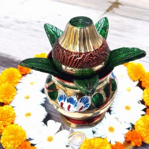 Pure Brass Handmade Mangal Kalash Set Handpainted For Hindu Daily Pooja Ritual