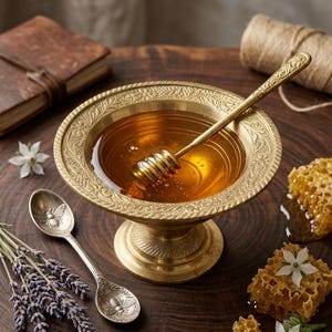 May include: A gold-toned metal pedestal bowl filled with amber honey and a matching honey dipper. A silver-toned spoon with an embossed bee design rests nearby, accompanied by sprigs of dried lavender and pieces of golden honeycomb.