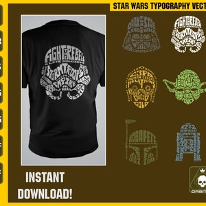 Personagens de Star Wars para camiseta Impressão SVG Tipografia Arte Starwars para adesivo Arte minimalista Darth Vader Boba Fett Cabeça para camiseta Cricut