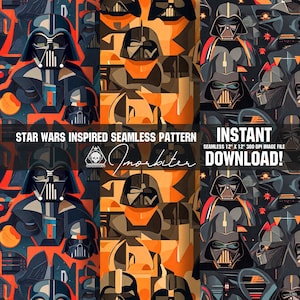 Könnte beinhalten: Ein nahtloses Muster mit Darth Vader im geometrischen Stil, mit einer Farbpalette aus Schwarz, Orange und Rot. Das Design enthält den Text "STAR WARS INSPIRED SEAMLESS PATTERN" und "INSTANT DOWNLOAD!". Die Bildgröße beträgt 30,48 cm x 30,48 cm.
