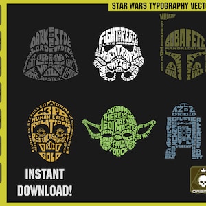 スターウォーズのキャラクターの個性をタイポグラフィアート、デジタルベクター、Eps、SVG、Png、Cdr、Ai、Dxf、Pdfでクリエイティブに表現した印刷用