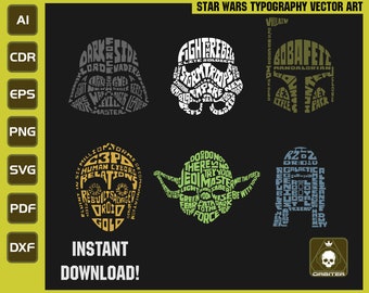 Creative Description of  Star Wars Characters Personality in Typography Art,  Digital Vectors, Eps, Svg, Png, Cdr, Ai, Dxf, Pdf, for Print