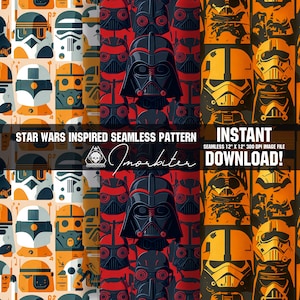 May include: A seamless pattern featuring three different designs of Star Wars characters. The first design features a white and orange color scheme with Stormtrooper helmets. The second design features a red and black color scheme with Darth Vader helmets. The third design features a yellow and orange color scheme with Stormtrooper helmets.