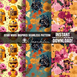 May include: A digital seamless pattern featuring Star Wars characters and floral elements. The design includes images of R2-D2 and Darth Vader, set against backgrounds of yellow, teal, and floral arrangements. The text "STAR WARS INSPIRED SEAMLESS PATTERN" and "INSTANT DOWNLOAD!" are also visible.