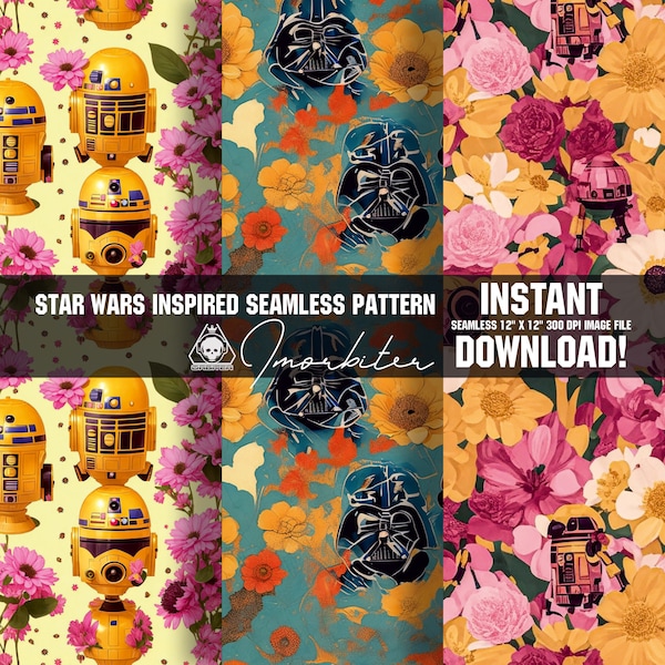 Gothic Boho Retro Star Wars Inspired Seamless Pattern for Print Characters R2D2 Darth Vader Floral Explosion Star Wars Wallpaper Nostalgia