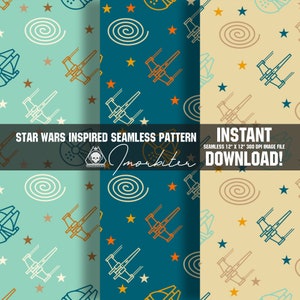 May include: Three seamless pattern designs featuring a Star Wars theme. The patterns are on a teal, light blue, and beige background. Each pattern features a repeating design of stars, X-Wing fighters, and spiral shapes.