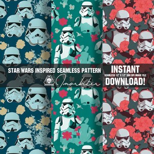 Könnte beinhalten: Nahtlose Muster mit Star Wars Stormtrooper-Helmen und floralen Designs in Türkis, Marineblau und Koralle. Der Text "STAR WARS INSPIRED SEAMLESS PATTERN" und "INSTANT DOWNLOAD!" ist enthalten.