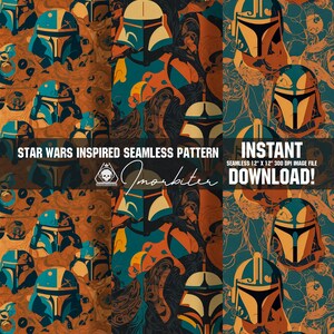 Könnte beinhalten: Ein nahtloses Musterdesign, inspiriert von Star Wars, mit stilisierten Mandalorianer-Helmen in Teal, Orange und Beige. Das Design enthält den Text "STAR WARS INSPIRED SEAMLESS PATTERN" und "INSTANT DOWNLOAD!". Die Bilddateigröße beträgt 30.48 cm x 30.48 cm.