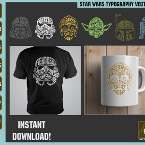 Personagens minimalistas de Star Wars para impressão SVG Starwars Tipografia Arte para camisetas PNG Darth Vader Typo Art para adesivos R2D2 C3PO para Cricut