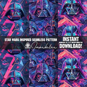 May include: A seamless pattern featuring a repeating design of Darth Vader's face in a geometric, pixelated style. The background is a vibrant mix of blue, pink, and purple hues.