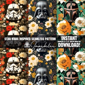 Retro Boho Floral Gothic Artistic Star Wars Inspired Seamless Pattern Darth Vader Storm Trooper Boba Fett With Colorful Flowers Nostalgic
