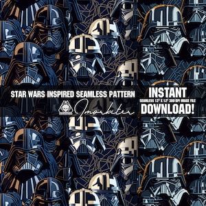 May include: A seamless pattern featuring a repeating design of dark blue and gray Darth Vader helmets with a black and gold geometric background.