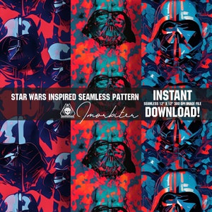 Könnte beinhalten: Ein nahtloses Muster mit einem sich wiederholenden Design von Darth Vaders Helm in einem blau-roten Farbschema. Das Muster ist von Star Wars inspiriert und steht zum sofortigen Download bereit.