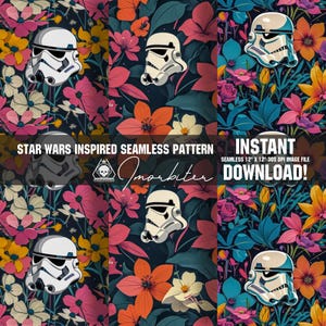 May include: A seamless pattern featuring a Star Wars inspired design. The pattern features white Stormtrooper helmets on a dark background with colorful flowers. The text "STAR WARS INSPIRED SEAMLESS PATTERN" and "INSTANT DOWNLOAD!" is included in the image.