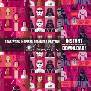 May include: A seamless pattern featuring Star Wars characters in a pink and magenta color scheme. The design includes Darth Vader, Stormtroopers, Princess Leia, and other iconic characters. The text "STAR WARS INSPIRED SEAMLESS PATTERN" is displayed.