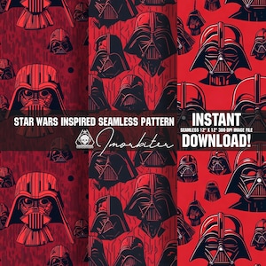 May include: A seamless pattern featuring a red background with black and white illustrations of Darth Vader's helmet. The text "STAR WARS INSPIRED SEAMLESS PATTERN" and "INSTANT DOWNLOAD!" is included in the image.