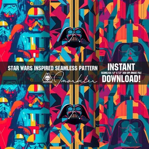 May include: A seamless pattern featuring Star Wars characters Darth Vader and Stormtroopers in a colorful geometric design. The pattern is in shades of blue, red, yellow, and black. The text "STAR WARS INSPIRED SEAMLESS PATTERN" and "INSTANT DOWNLOAD!" is included in the image.