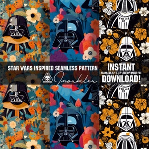 Retro Boho Floral Gothic Künstlerisch Star Wars Inspiriert Nahtlose Muster Abstrakt Minimalist Darth Vader Mit Bunten Hellen Blumen Seamless