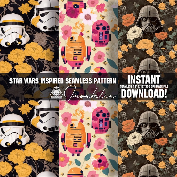 Boho Gothic Minimalist Star Wars Inspired Seamless Pattern for Wallpaper Print Characters R2D2 Darth Vader Storm Trooper Floral Nostalgia