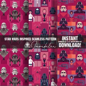 May include: A seamless pattern featuring characters and objects from Star Wars. The pattern is in a pink, red, and black color scheme. The text "STAR WARS INSPIRED SEAMLESS PATTERN" and "INSTANT DOWNLOAD!" is included in the image.