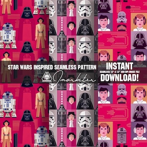 Könnte beinhalten: Ein nahtloses Muster mit Star Wars-Charakteren in einem rosa und grauen Farbschema. Das Muster enthält Charaktere wie Darth Vader, R2-D2 und Prinzessin Leia. Der Text "STAR WARS INSPIRED SEAMLESS PATTERN" und "INSTANT DOWNLOAD!" ist im Bild enthalten.