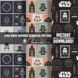 May include: A seamless pattern featuring Star Wars characters and imagery. The pattern includes Darth Vader, Stormtroopers, and the Star Wars logo. The pattern is in black, white, and gray.