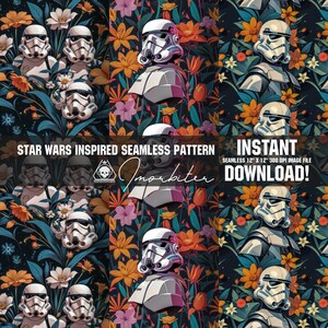 Könnte beinhalten: Ein nahtloses Muster mit einem sich wiederholenden Design von weißen Stormtrooper-Helmen aus Star Wars, umgeben von bunten Blumen und Blättern. Das Muster ist auf einem dunkelblauen Hintergrund angeordnet. Der Text "STAR WARS INSPIRED SEAMLESS PATTERN" und "INSTANT DOWNLOAD!" ist im Bild enthalten.