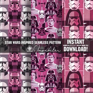 Könnte beinhalten: Ein nahtloses Muster mit Star Wars-Charakteren in einem rosa und schwarzen Farbschema. Das Muster enthält Darth Vader, Stormtrooper, Prinzessin Leia und Han Solo. Der Text "STAR WARS INSPIRED SEAMLESS PATTERN" und "INSTANT DOWNLOAD!" ist im Bild enthalten.