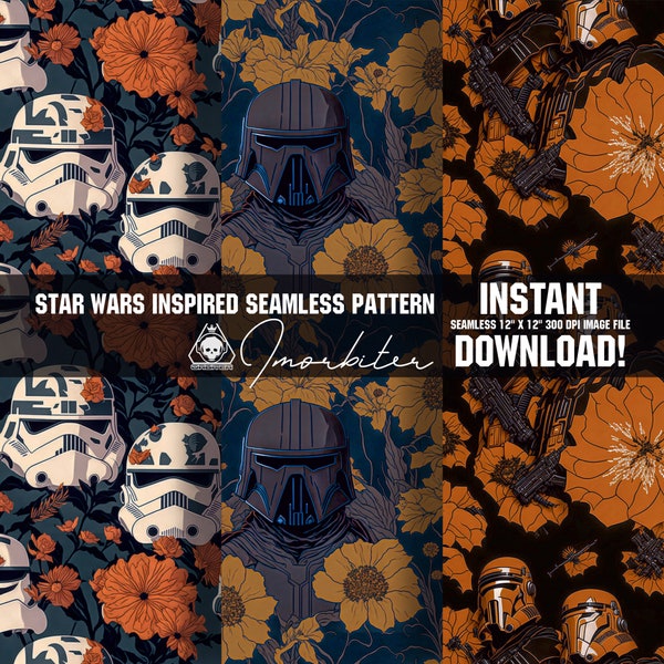 Retro Boho Floral Gothic Dark Star Wars Inspired Seamless Pattern of Darth Vader Storm Troopers Colorful Flowers for Halloween with Floral