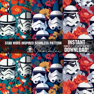 Könnte beinhalten: Ein nahtloses Muster mit einem sich wiederholenden Design von weißen Stormtrooper-Helmen aus Star Wars, umgeben von bunten Blumen in Rot-, Orange-, Gelb-, Blau- und Grüntönen. Der Text "STAR WARS INSPIRED SEAMLESS PATTERN" und "morbiter" ist oben im Bild sichtbar.