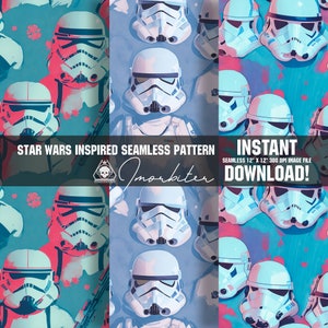 Könnte beinhalten: Ein nahtloses Muster mit einem sich wiederholenden Design von weißen Stormtrooper-Helmen vor einem blauen und rosa Hintergrund. Das Muster ist mit "Star Wars Inspired Seamless Pattern" und "Sofort-Download!" beschriftet.