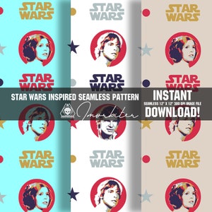 Könnte beinhalten: Ein nahtloses Muster mit den Star Wars-Charakteren Luke Skywalker und Prinzessin Leia im Pop-Art-Stil. Das Muster enthält die Farben Rot, Weiß, Blau, Gold und Schwarz. Der Text "Star Wars" wird im gesamten Muster wiederholt.