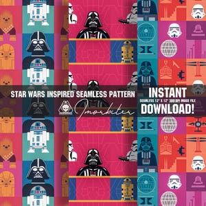 May include: A seamless pattern featuring Star Wars characters and symbols. The pattern includes Darth Vader, R2-D2, Stormtroopers, the Death Star, and other iconic elements. The pattern is in a variety of colors, including red, blue, green, and yellow. The text "STAR WARS INSPIRED SEAMLESS PATTERN" and "INSTANT DOWNLOAD!" is included in the image.
