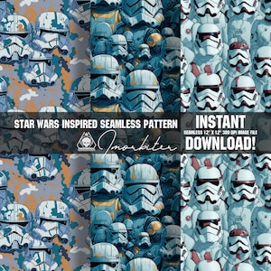 May include: A seamless pattern featuring a repeating design of Stormtrooper helmets in a blue and white color scheme. The pattern is set against a camouflage background on the left side and a solid blue background on the right side. The text "STAR WARS INSPIRED SEAMLESS PATTERN" and "INSTANT DOWNLOAD!" is included in the image.