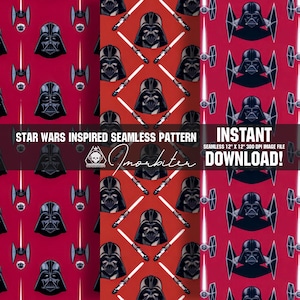 Könnte beinhalten: Ein nahtloses digitales Muster mit Darth Vader, Lichtschwertern und TIE-Jägern auf rotem Hintergrund. Der Text "STAR WARS INSPIRED SEAMLESS PATTERN" und "INSTANT DOWNLOAD!" ist im Bild enthalten.