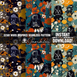 Könnte beinhalten: Ein nahtloses Muster mit dem Gesicht von Darth Vader, umgeben von bunten Blumen und Blättern. Das Muster ist zum sofortigen Download in einer 30,5 x 30,5 cm großen Bilddatei mit 300 DPI verfügbar.