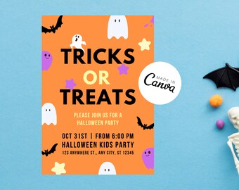 May include: Orange Halloween party invitation with black text that reads "TRICKS OR TREATS" and "PLEASE JOIN US FOR A HALLOWEEN PARTY". The invitation also includes the date and time of the party, "OCT 31ST | FROM 6:00 PM", and the location, "123 ANYWHERE ST., ANY CITY, ST 12345". The invitation is decorated with cartoon ghosts, bats, and stars.