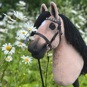 Peut inclure: Un cheval bâton en peluche avec une tête beige, une crinière noire et un licol noir orné de strass. Le cheval jouet a une poignée noire et se détache sur un fond de marguerites et de verdure.