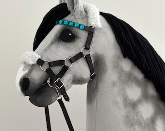 May include: A gray and white horse head with a black mane and tail. The horse is wearing a black leather bridle with a blue jeweled browband and a black leather rein.