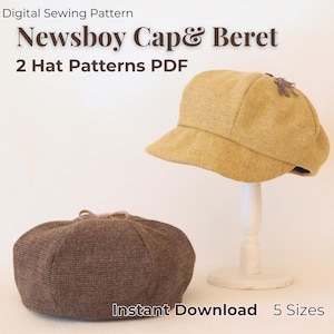 Può includere: Un cartamodello digitale per un berretto newsboy e un basco, con il testo Digital Sewing Pattern Newsboy Cap & Beret 2 Hat Patterns PDF Instant Download 5 Sizes. L'immagine mostra un berretto newsboy giallo a spina di pesce e un basco marrone.