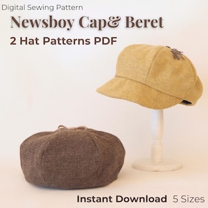 Patrón de costura de gorra y boina de repartidor de periódicos en PDF, 2 patrones de gorra, gorra estilo vintage, patrón de gorra imprimible