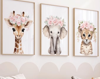 Floral Safari Animal Nursery Prints: Girl Room Decor, Set of 3
