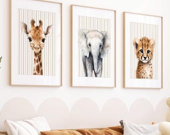 Safari Nursery Prints: Beige Jungle Animals, Gender Neutral Decor