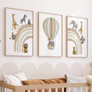 Safari Animal Prints Set of 3: Beige Rainbow Hot Air Balloon Nursery Wall Art