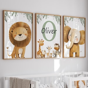 Personalised Safari Animal Nursery Prints: Set of 3, Kids Room Decor