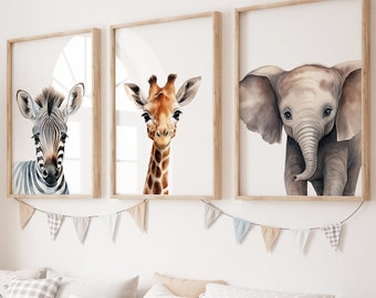 Safari Animal Nursery Prints: Set of 3 Jungle Wall Art Posters